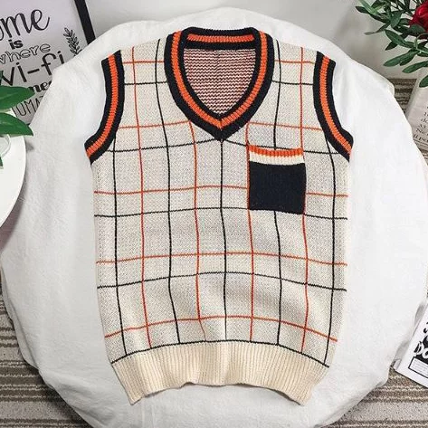 Wewewow - Vest dệt kim kẻ caro cắt tỉa tương phản
