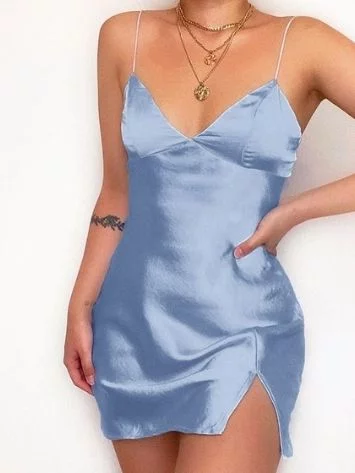Femme Cradle - Spaghetti Strap Satin Mini Sheath Dress